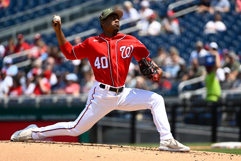 May 21, 2023; Washington, District of Columbia, USA; Washington Nationals starting pitcher Josiah Gray (40) throws to the Detroit Tigers during the second inning at Nationals Park. Mandatory Credit: Brad Mills-USA TODAY Sports