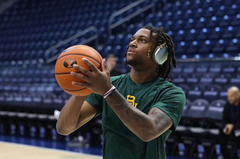 Feb 20, 2024; Provo, Utah, USA; Baylor Bears guard Jayden Nunn (2) warms up before the game against the Brigham Young Cougars at Marriott Center. Mandatory Credit: Rob Gray-USA TODAY Sports