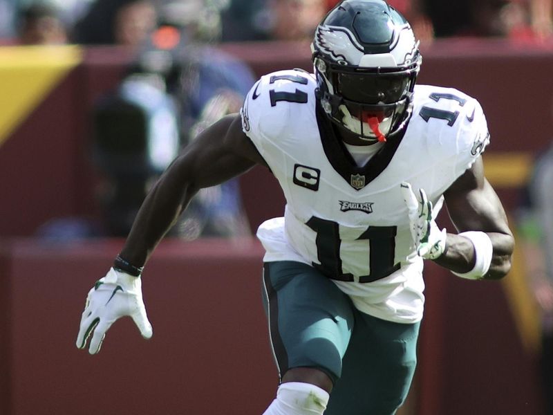 Philadelphia Eagles wide receiver A.J. Brown (11) runs during an NFL football game against the Washington Commanders, Sunday, October 29, 2023 in Landover, Maryland. (AP Photo/Daniel Kucin Jr.)