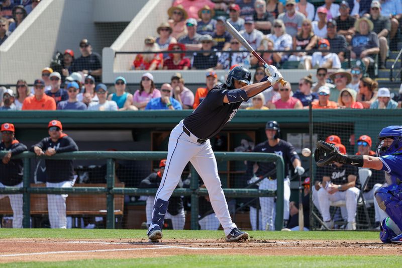 Mar 3, 2025; Lakeland, Florida, USA; Detroit Tigers outfielder Riley Greene (31) dodges an inside pitch during the first inning against the Toronto Blue Jays at Publix Field at Joker Marchant Stadium. Mandatory Credit: Mike Watters-Imagn Images