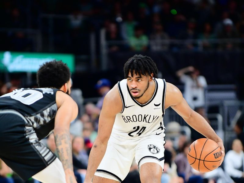 AUSTIN, TX - MARCH 17: Cam Thomas #24 of the Brooklyn Nets handles the ball during the game against the San Antonio Spurs on March 17, 2024 at the Moody Center in Austin, Texas. NOTE TO USER: User expressly acknowledges and agrees that, by downloading and or using this photograph, user is consenting to the terms and conditions of the Getty Images License Agreement. Mandatory Copyright Notice: Copyright 2024 NBAE (Photos by Michael Gonzales/NBAE via Getty Images)