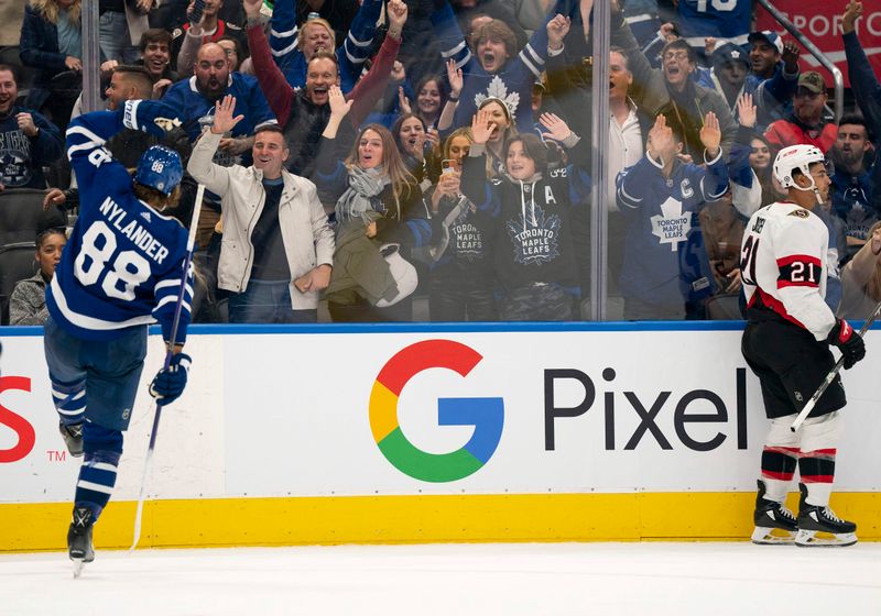 Oct 15, 2022; Toronto, Ontario, CAN; Toronto Maple Leafs right wing William Nylander (88) celebrates scoring a goal against the Ottawa Senators during the third period at Scotiabank Arena. Mandatory Credit: Nick Turchiaro-USA TODAY Sports