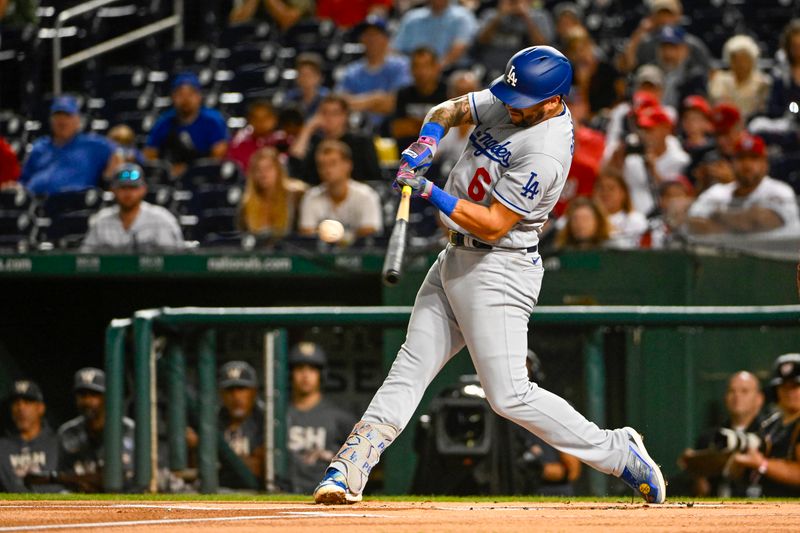 Sep 9, 2023; Washington, District of Columbia, USA; Los Angeles Dodgers left fielder David Peralta (6) singles against the Washington Nationals during the first inning at Nationals Park. Mandatory Credit: Brad Mills-USA TODAY Sports