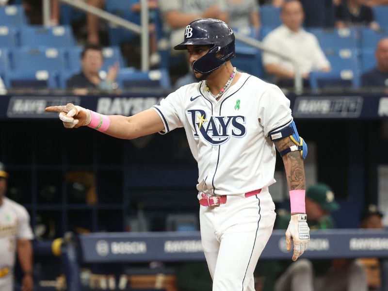 May 30, 2024; St. Petersburg, Florida, USA; Tampa Bay Rays outfielder Jose Siri (22) reacts after hitting a home run against the Oakland Athletics during the second inning at Tropicana Field. Mandatory Credit: Kim Klement Neitzel-USA TODAY Sports