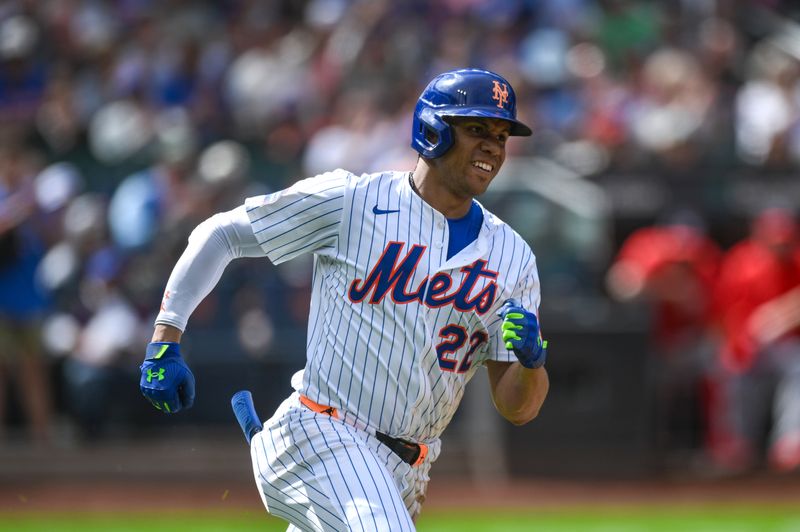 Sep 21, 2025; New York City, New York, USA; New York Mets outfielder Juan Soto (22) rounds the bases after hitting a double against the Washington Nationals during the third inning at Citi Field. Mandatory Credit: John Jones-Imagn Images