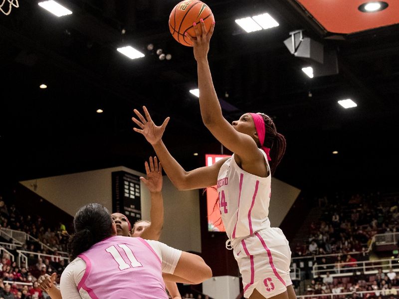 Feb 17, 2023; Stanford, California, USA;  Stanford Cardinal forward Kiki Iriafen (44) shoots over USC Trojans guard Destiny Littleton (11) during the second half at Maples Pavilion. Mandatory Credit: John Hefti-USA TODAY Sports