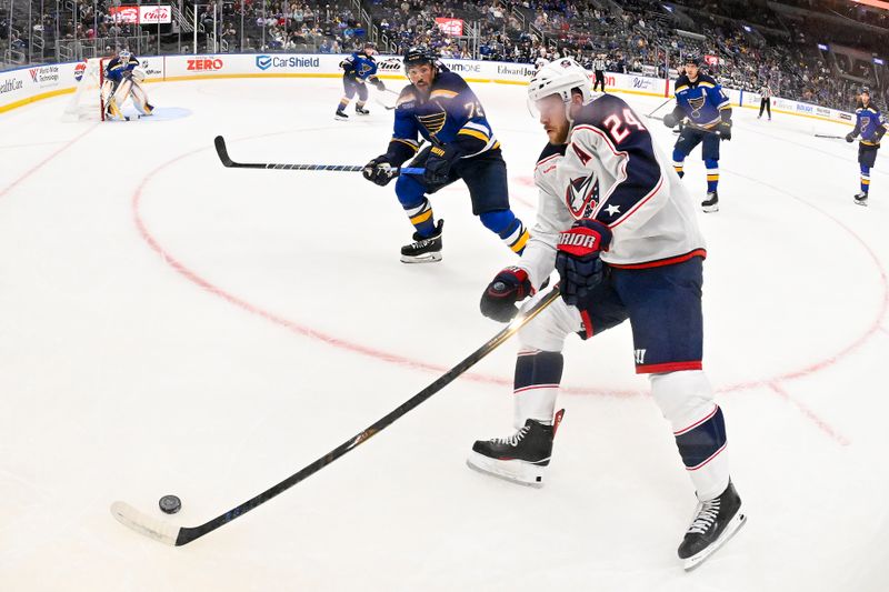 Oct 1, 2024; St. Louis, Missouri, USA;  Columbus Blue Jackets right wing Mathieu Olivier (24) controls the puck as St. Louis Blues defenseman Justin Faulk (72) defends during the first period at Enterprise Center. Mandatory Credit: Jeff Curry-Imagn Images