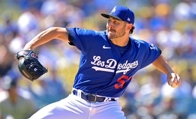 Aug 13, 2023; Los Angeles, California, USA; Los Angeles Dodgers relief pitcher Alex Vesia (51) throws a scoreless eighth inning against the Colorado Rockies at Dodger Stadium. Mandatory Credit: Jayne Kamin-Oncea-USA TODAY Sports