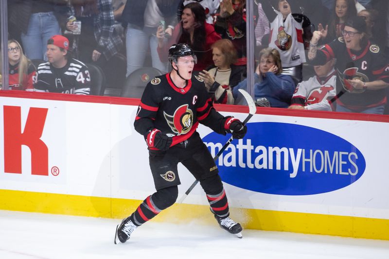 Apr 6, 2024; Ottawa, Ontario, CAN; Ottawa Senators left wing Brady Tkachuk (7) celebrates his goal scored in the third period against the New Jersey Devils at the Canadian Tire Centre. Mandatory Credit: Marc DesRosiers-USA TODAY Sports