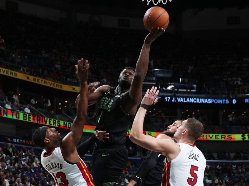 NEW ORLEANS, LA - FEBRUARY 23: Zion Williamson #1 of the New Orleans Pelicans shoots the ball during the game against the Miami Heat on February 23, 2024 at the Smoothie King Center in New Orleans, Louisiana. NOTE TO USER: User expressly acknowledges and agrees that, by downloading and or using this Photograph, user is consenting to the terms and conditions of the Getty Images License Agreement. Mandatory Copyright Notice: Copyright 2024 NBAE (Photo by Layne Murdoch Jr./NBAE via Getty Images)