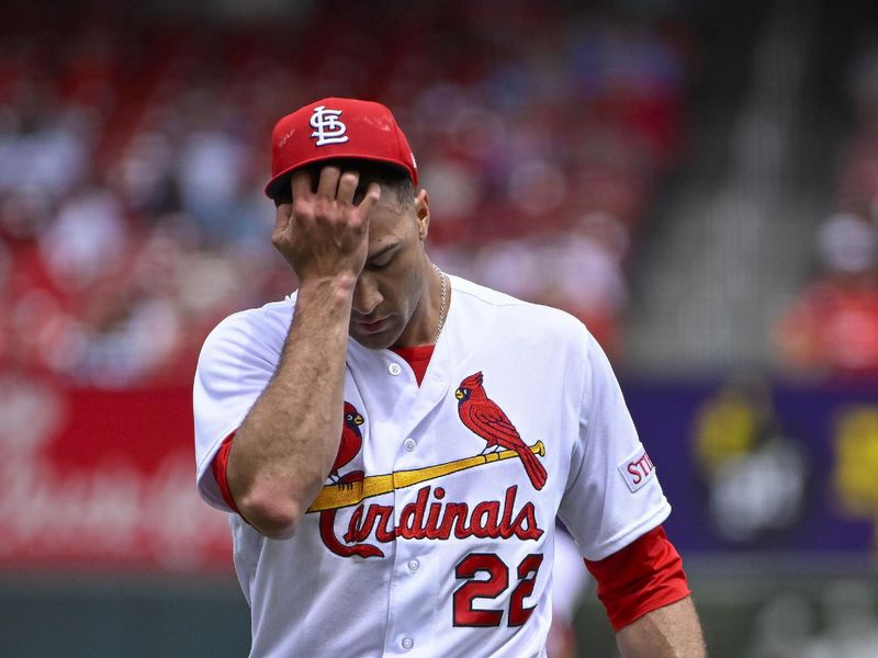 May 4, 2023; St. Louis, Missouri, USA;  St. Louis Cardinals starting pitcher Jack Flaherty (22) reacts as he walks off the field after the second inning against the Los Angeles Angels at Busch Stadium. Mandatory Credit: Jeff Curry-USA TODAY Sports