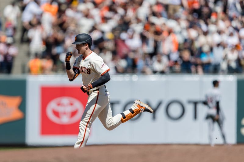 Apr 21, 2024; San Francisco, California, USA;  San Francisco Giants right fielder Mike Yastrzemski (5) runs the bases after hitting a two-run home run against the Arizona Diamondbacks during the fifth inning at Oracle Park. Mandatory Credit: John Hefti-USA TODAY Sports