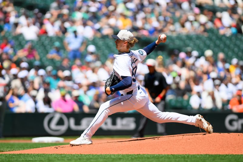 Jul 4, 2024; Seattle, Washington, USA; Seattle Mariners starting pitcher Bryce Miller (50) pitches to the Baltimore Orioles during the first inning at T-Mobile Park. Mandatory Credit: Steven Bisig-USA TODAY Sports