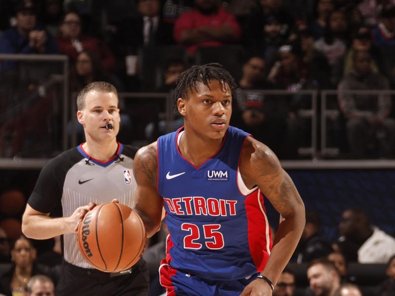 DETROIT, MI - JANUARY 24: Marcus Sasser #25 of the Detroit Pistons dribbles the ball during the game against the Charlotte Hornets on January 24, 2024 at Little Caesars Arena in Detroit, Michigan. NOTE TO USER: User expressly acknowledges and agrees that, by downloading and/or using this photograph, User is consenting to the terms and conditions of the Getty Images License Agreement. Mandatory Copyright Notice: Copyright 2024 NBAE (Photo by Brian Sevald/NBAE via Getty Images)