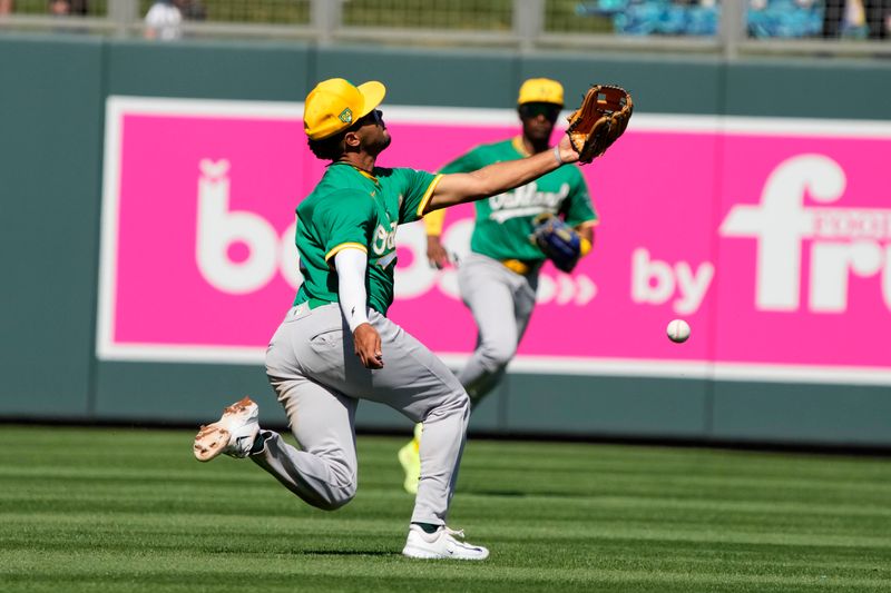 Mar 11, 2024; Salt River Pima-Maricopa, Arizona, USA; Oakland Athletics shortstop Darrell Haernaiz (48) fails to make a play on a fly ball against the Arizona Diamondbacks in the third inning at Salt River Fields at Talking Stick. Mandatory Credit: Rick Scuteri-USA TODAY Sports