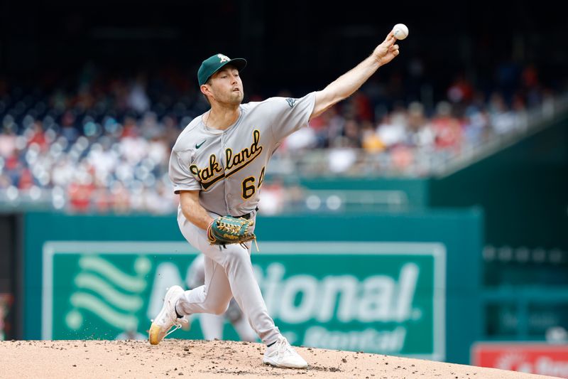 Aug 13, 2023; Washington, District of Columbia, USA; Oakland Athletics starting pitcher Ken Waldichuk (64) pitches against the Washington Nationals during the first inning at Nationals Park. Mandatory Credit: Geoff Burke-USA TODAY Sports