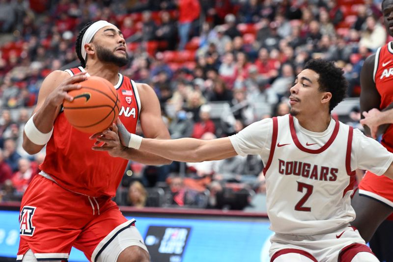 Jan 13, 2024; Pullman, Washington, USA; Arizona Wildcats guard Kylan Boswell (4) shoots the ball against Washington State Cougars guard Myles Rice (2) in the first half at Friel Court at Beasley Coliseum. Mandatory Credit: James Snook-USA TODAY Sports