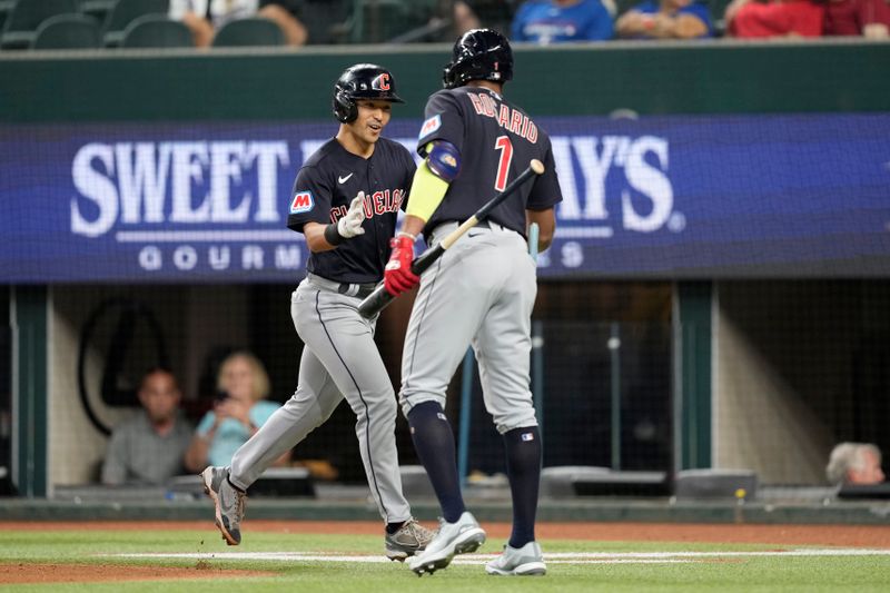 Jul 16, 2023; Arlington, Texas, USA; Cleveland Guardians left fielder Steven Kwan (38) celebrates his home run with shortstop Amed Rosario (1) against the Texas Rangers during the first inning at Globe Life Field. Mandatory Credit: Jim Cowsert-USA TODAY Sports