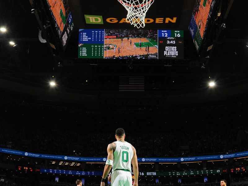 BOSTON, MA - APRIL 20: Jayson Tatum #0 of the Boston Celtics looks on during the game against the Orlando Magic during Round 1 Game 1 of the 2025 NBA Playoffs on April 20, 2025 at TD Garden in Boston, Massachusetts. NOTE TO USER: User expressly acknowledges and agrees that, by downloading and/or using this Photograph, user is consenting to the terms and conditions of the Getty Images License Agreement. Mandatory Copyright Notice: Copyright 2025 NBAE (Photo by Brian Babineau/NBAE via Getty Images)