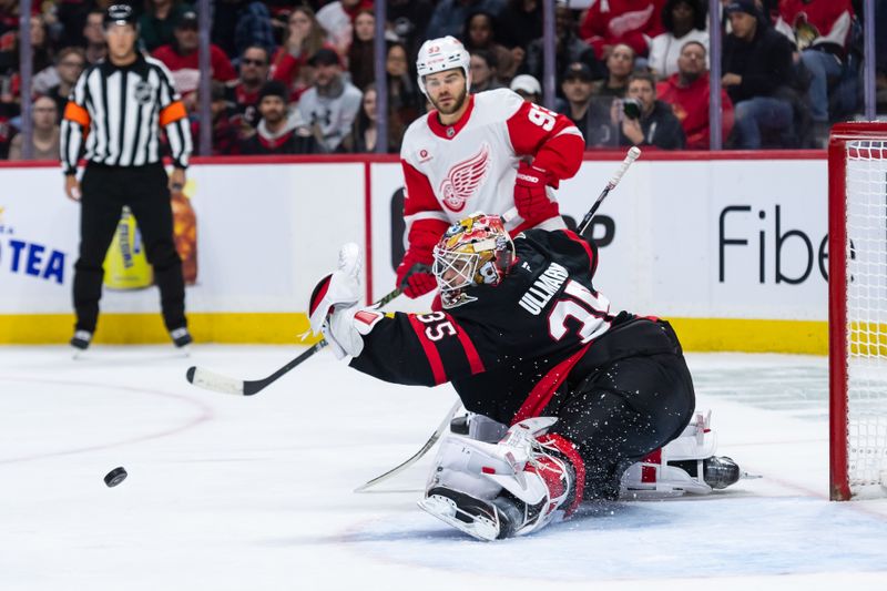 Mar 10, 2025; Ottawa, Ontario, CAN; Ottawa Senators goalie Linus Ullmark (35) makes a save on a shot from Detroit Red Wings right wing Alex DeBrincat (93) in the second period at the Canadian Tire Centre. Mandatory Credit: Marc DesRosiers-Imagn Images