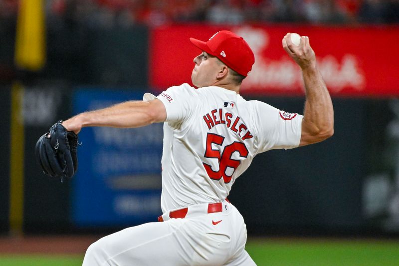 Jun 12, 2024; St. Louis, Missouri, USA;  St. Louis Cardinals relief pitcher Ryan Helsley (56) pitches against the Pittsburgh Pirates during the ninth inning at Busch Stadium. Mandatory Credit: Jeff Curry-USA TODAY Sports