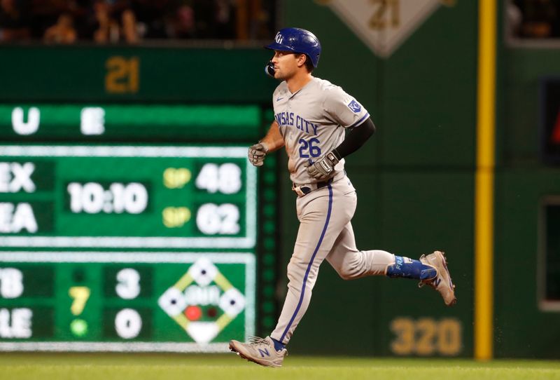 Sep 13, 2024; Pittsburgh, Pennsylvania, USA;  Kansas City Royals third baseman Adam Frazier (26) circles the bases on a solo home run against the Pittsburgh Pirates during the eighth inning at PNC Park. Mandatory Credit: Charles LeClaire-Imagn Images