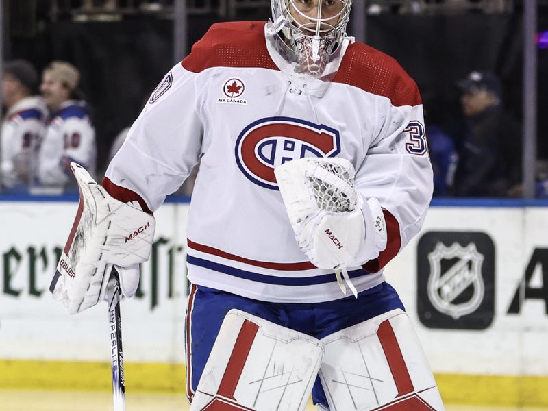 Apr 7, 2024; New York, New York, USA;  Montreal Canadiens goaltender Cayden Primeau (30) takes to the ice for the start of the second period against the New York Rangers at Madison Square Garden. Mandatory Credit: Wendell Cruz-USA TODAY Sports