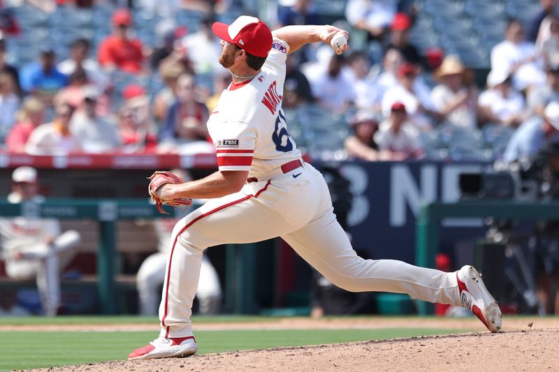Sep 10, 2023; Anaheim, California, USA; Los Angeles Angels relief pitcher Andrew Wantz (60) throws to a Cleveland Guardians batter during the sixth inning at Angel Stadium. Mandatory Credit: Jessica Alcheh-USA TODAY Sports