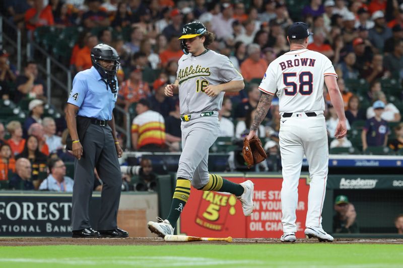 Jul 26, 2025; Houston, Texas, USA; Athletics first baseman Nick Kurtz (16) scores a run past Houston Astros starting pitcher Hunter Brown (58) during the first inning at Daikin Park. Mandatory Credit: Troy Taormina-Imagn Images