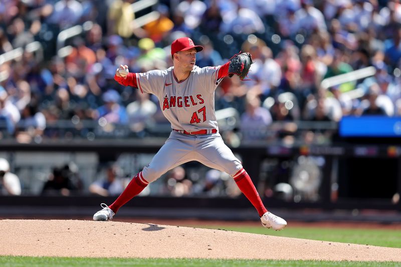 Aug 27, 2023; New York City, New York, USA; Los Angeles Angels starting pitcher Griffin Canning (47) pitches against the New York Mets during the first inning at Citi Field. Mandatory Credit: Brad Penner-USA TODAY Sports