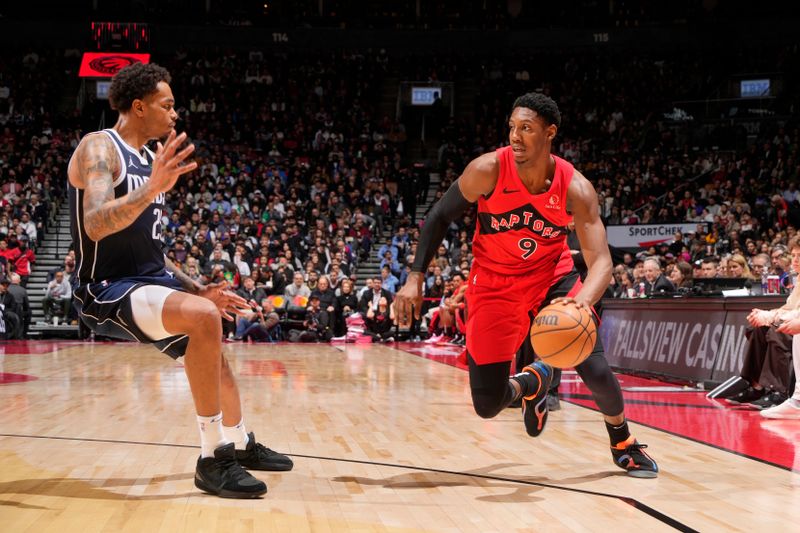 TORONTO, CANADA - FEBRUARY 28: RJ Barrett #9 of the Toronto Raptors handles the ball during the game against the Dallas Mavericks on February 28, 2024 at the Scotiabank Arena in Toronto, Ontario, Canada.  NOTE TO USER: User expressly acknowledges and agrees that, by downloading and or using this Photograph, user is consenting to the terms and conditions of the Getty Images License Agreement.  Mandatory Copyright Notice: Copyright 2024 NBAE (Photo by Mark Blinch/NBAE via Getty Images)