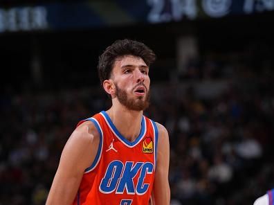 DENVER, CO - DECEMBER 16: Chet Holmgren #7 of the Oklahoma City Thunder shoots a free throw during the game against the Denver Nuggets on December 16, 2023 at the Ball Arena in Denver, Colorado. NOTE TO USER: User expressly acknowledges and agrees that, by downloading and/or using this Photograph, user is consenting to the terms and conditions of the Getty Images License Agreement. Mandatory Copyright Notice: Copyright 2023 NBAE (Photo by Bart Young/NBAE via Getty Images)