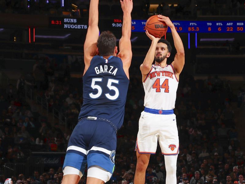 NEW YORK, NY - OCTOBER 13: Landry Shamet #44 of the New York Knicks shoots a three point basket during the game on October 13, 2024 at Madison Square Garden in New York City, New York.  NOTE TO USER: User expressly acknowledges and agrees that, by downloading and or using this photograph, User is consenting to the terms and conditions of the Getty Images License Agreement. Mandatory Copyright Notice: Copyright 2024 NBAE  (Photo by David L. Nemec/NBAE via Getty Images)