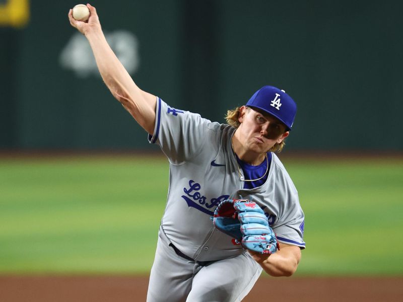 Apr 30, 2024; Phoenix, Arizona, USA; Los Angeles Dodgers pitcher Landon Knack against the Arizona Diamondbacks at Chase Field. Mandatory Credit: Mark J. Rebilas-USA TODAY Sports