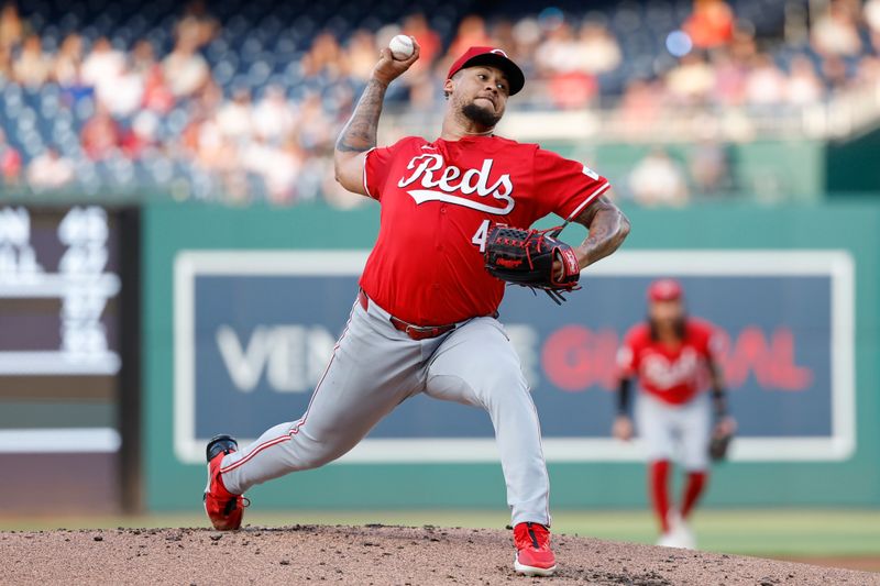 Jul 19, 2024; Washington, District of Columbia, USA; Cincinnati Reds starting pitcher Frankie Montas (47) pitches against the Washington Nationals during the first inning at Nationals Park. Mandatory Credit: Geoff Burke-USA TODAY Sports