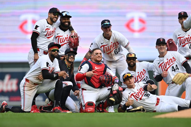 May 4, 2024; Minneapolis, Minnesota, USA; The Minnesota Twins react after the game against the Boston Red Sox to extend their winning streak to twelve games at Target Field. Mandatory Credit: Jeffrey Becker-USA TODAY Sports