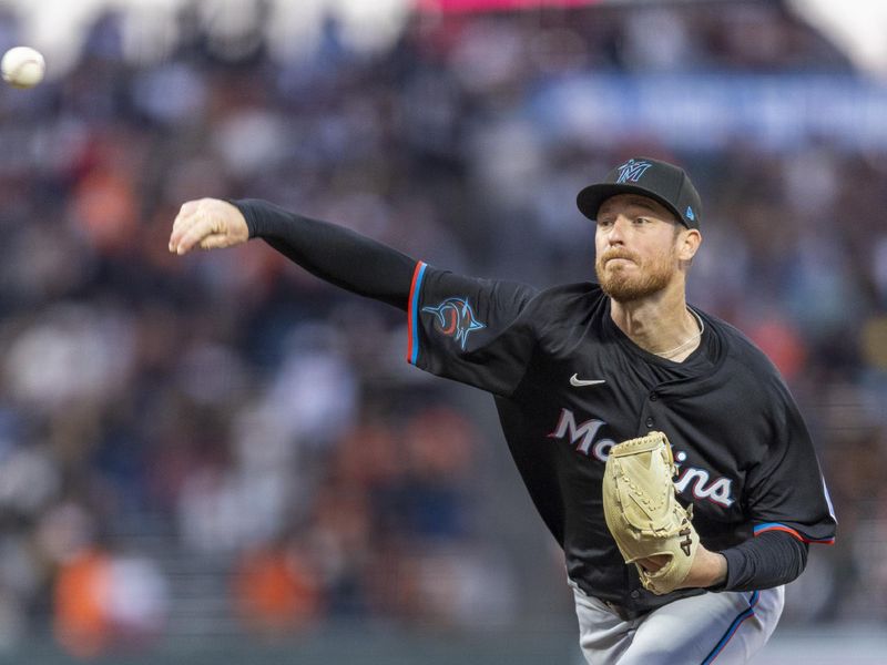 Aug 30, 2024; San Francisco, California, USA; Miami Marlins starting pitcher Adam Oller (77) throws against the San Francisco Giants during the first inning at Oracle Park. Mandatory Credit: John Hefti-USA TODAY Sports