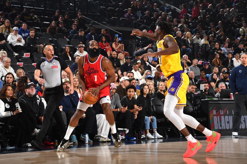 INGLEWOOD, CA - FEBRUARY 4: James Harden #1 of the LA Clippers handles the ball during the game against the Los Angeles Lakers on February 4, 2025 at Intuit Dome in Los Angeles, California. NOTE TO USER: User expressly acknowledges and agrees that, by downloading and/or using this Photograph, user is consenting to the terms and conditions of the Getty Images License Agreement. Mandatory Copyright Notice: Copyright 2025 NBAE (Photo by Juan Ocampo/NBAE via Getty Images)