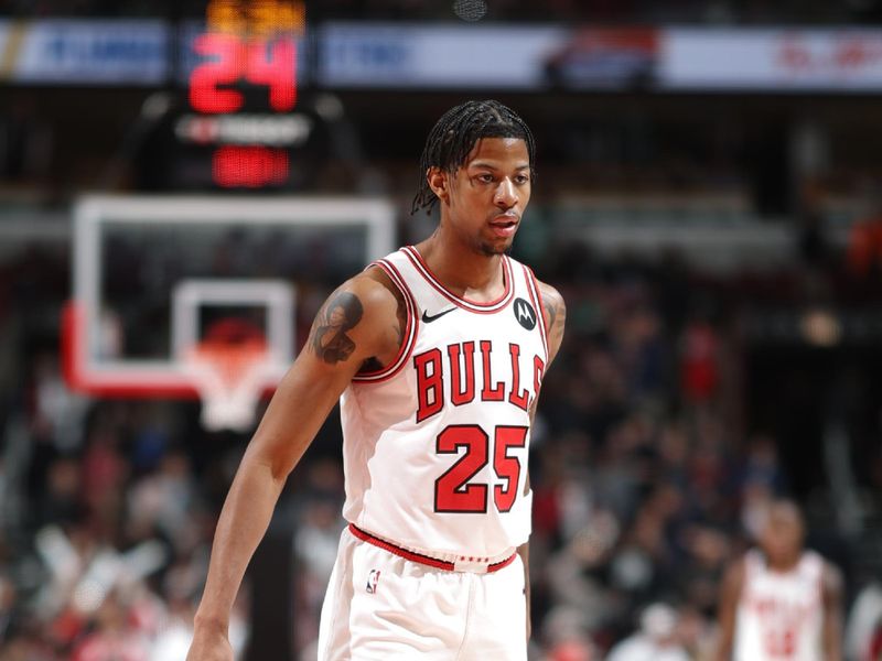 CHICAGO, IL - FEBRUARY 22: Dalen Terry #25 of the Chicago Bulls looks on during the game against the Boston Celtics on February 22, 2024 at United Center in Chicago, Illinois. NOTE TO USER: User expressly acknowledges and agrees that, by downloading and or using this photograph, User is consenting to the terms and conditions of the Getty Images License Agreement. Mandatory Copyright Notice: Copyright 2024 NBAE (Photo by Jeff Haynes/NBAE via Getty Images)