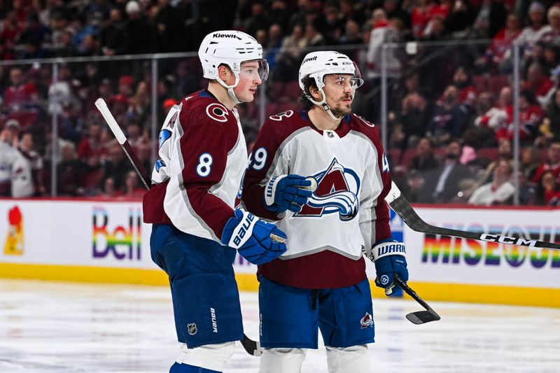 Jan 15, 2024; Montreal, Quebec, CAN; Colorado Avalanche defenseman Cale Makar (8) celebrates his goal against the Montreal Canadiens with his teammates during the second period at Bell Centre. Mandatory Credit: David Kirouac-USA TODAY Sports