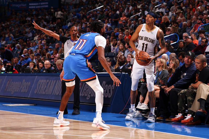 OKLAHOMA CITY, OK - NOVEMBER 13:  Brandon Boston Jr. #11 of the New Orleans Pelicans looks to pass the ball inbounds during the game against the Oklahoma City Thunder on November 13, 2024 at Paycom Center in Oklahoma City, Oklahoma. NOTE TO USER: User expressly acknowledges and agrees that, by downloading and or using this photograph, User is consenting to the terms and conditions of the Getty Images License Agreement. Mandatory Copyright Notice: Copyright 2024 NBAE (Photo by Zach Beeker/NBAE via Getty Images)