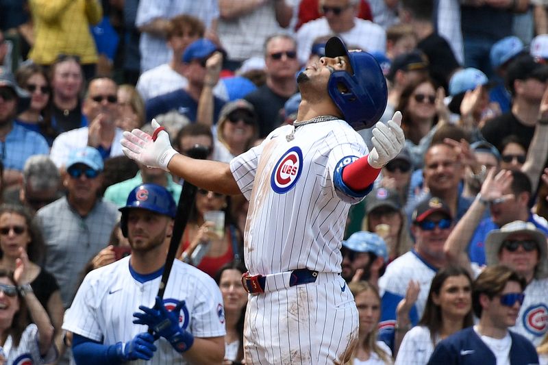 May 4, 2024; Chicago, Illinois, USA;  Chicago Cubs third base Christopher Morel (5) after his two run home run against the Milwaukee Brewers during the third inning at Wrigley Field. Mandatory Credit: Matt Marton-USA TODAY Sports