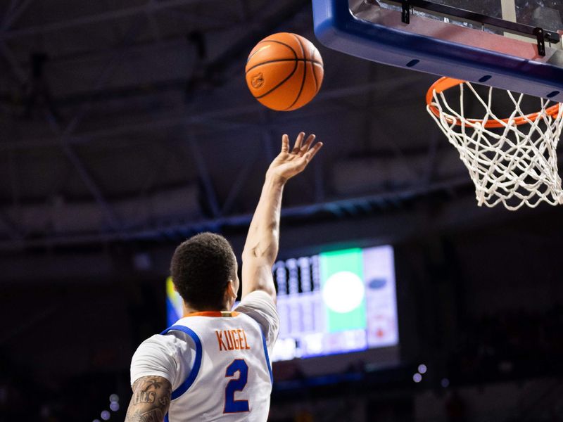 Feb 13, 2024; Gainesville, Florida, USA; Florida Gators guard Riley Kugel (2) attempts a layup against the LSU Tigers during the second half at Exactech Arena at the Stephen C. O'Connell Center. Mandatory Credit: Matt Pendleton-USA TODAY Sports