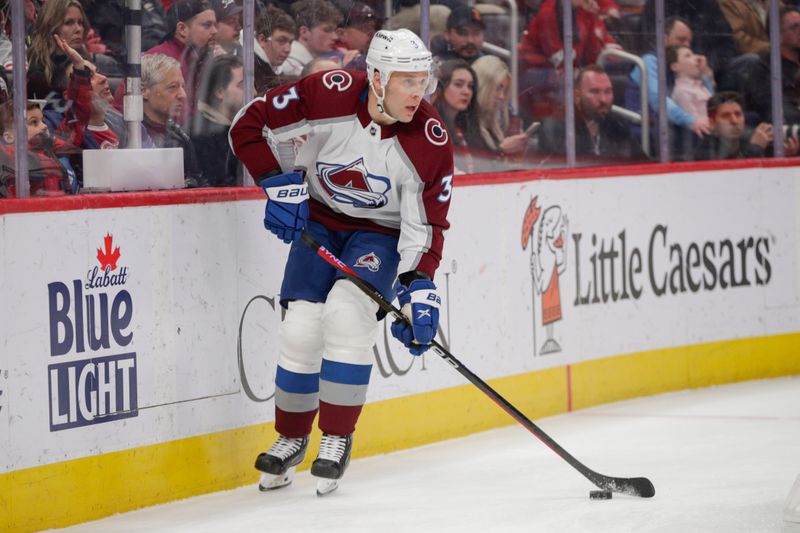 Mar 18, 2023; Detroit, Michigan, USA; Colorado Avalanche defenseman Jack Johnson (3) handles the puck behind the net during the second period at Little Caesars Arena. Mandatory Credit: Brian Bradshaw Sevald-USA TODAY Sports