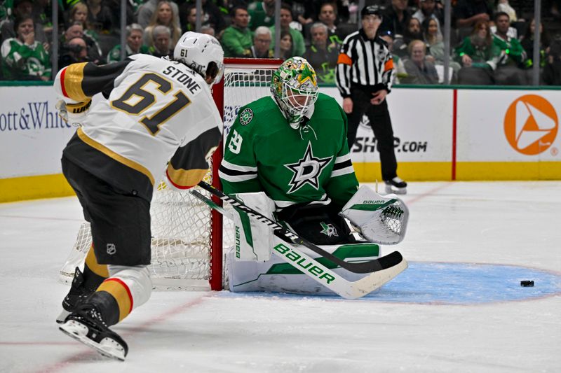 Apr 24, 2024; Dallas, Texas, USA; Dallas Stars goaltender Jake Oettinger (29) faces a shot by Vegas Golden Knights right wing Mark Stone (61) during the third period in game two of the first round of the 2024 Stanley Cup Playoffs at American Airlines Center. Mandatory Credit: Jerome Miron-USA TODAY Sports