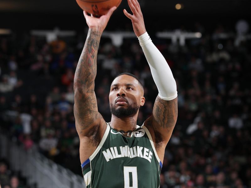 MILWAUKEE, WI - NOVEMBER 18: Damian Lillard #0 of the Milwaukee Bucks shoots a free throw during the game against the Houston Rockets on November 18, 2024 at the Fiserv Forum Center in Milwaukee, Wisconsin. NOTE TO USER: User expressly acknowledges and agrees that, by downloading and or using this Photograph, user is consenting to the terms and conditions of the Getty Images License Agreement. Mandatory Copyright Notice: Copyright 2024 NBAE (Photo by Gary Dineen/NBAE via Getty Images).