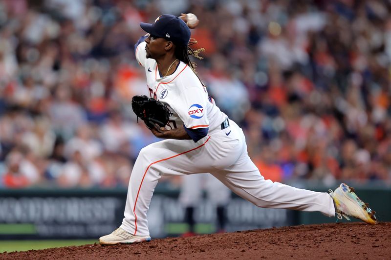 Jun 2, 2024; Houston, Texas, USA; Houston Astros relief pitcher Rafael Montero (47) delivers a pitch against the Minnesota Twins during the ninth inning at Minute Maid Park. Mandatory Credit: Erik Williams-USA TODAY Sports