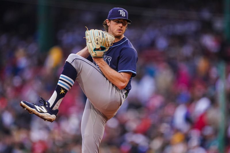 Jun 10, 2025; Boston, Massachusetts, USA; Tampa Bay Rays pitcher Ryan Pepiot (44) throws a pitch against the Boston Red Sox in the first inning at Fenway Park. Mandatory Credit: David Butler II-Imagn Images