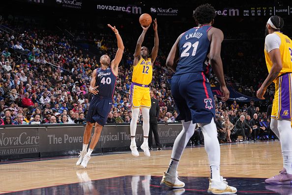 PHILADELPHIA, PA - NOVEMBER 27: Taurean Prince #12 of the Los Angeles Lakers shoots the ball during the game against the Philadelphia 76ers on November 27, 2023 at the Wells Fargo Center in Philadelphia, Pennsylvania NOTE TO USER: User expressly acknowledges and agrees that, by downloading and/or using this Photograph, user is consenting to the terms and conditions of the Getty Images License Agreement. Mandatory Copyright Notice: Copyright 2023 NBAE (Photo by Jesse D. Garrabrant/NBAE via Getty Images)