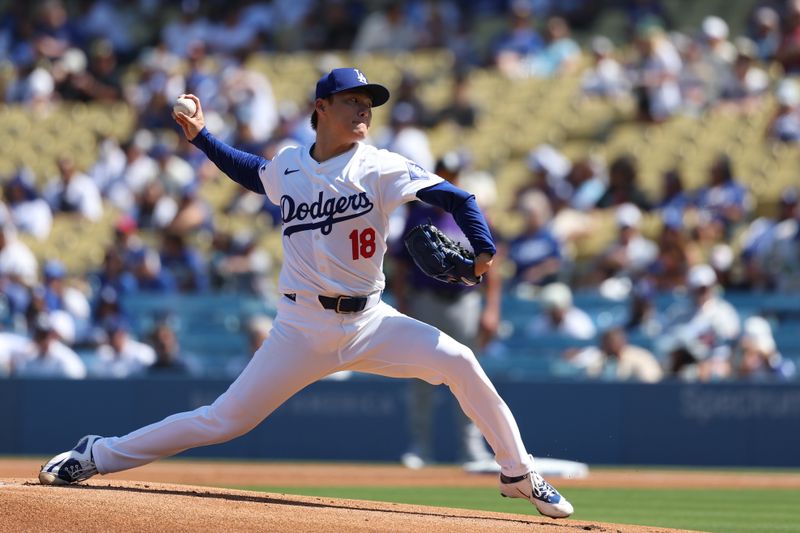 Sep 22, 2024; Los Angeles, California, USA;  Los Angeles Dodgers starting pitcher Yoshinobu Yamamoto (18) pitches during the first inning against the Colorado Rockies at Dodger Stadium. Mandatory Credit: Kiyoshi Mio-Imagn Images